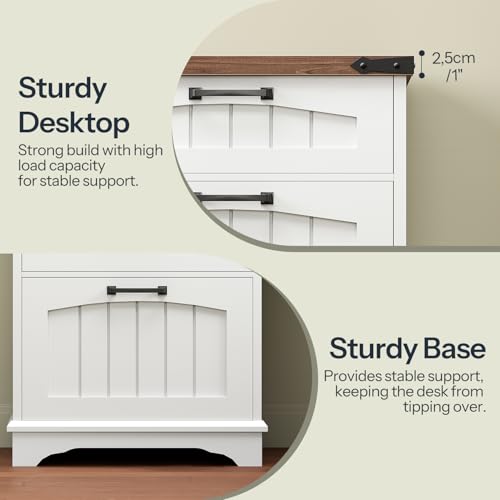 HOOBRO Farmhouse L Shaped Computer Desk, Computer Desk with Power Outlets, 59" Corner Office Desk with Filing Cabinet & Adjustable Shelves, for Home Office, Study, White and Walnut WH150UDN01