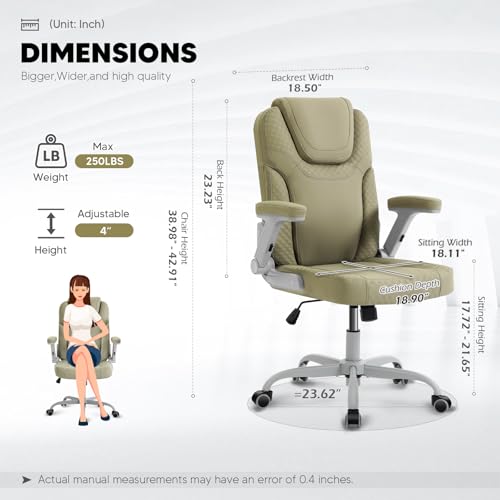 SEATZONE Green Office Chair Ergonomic Desk Chair with Lumbar Support, Flip-Up Arms, Adjustable Swivel Computer Chair with Wheels, PU Leather Executive Task Chair for Home Office Small Space - color: Green