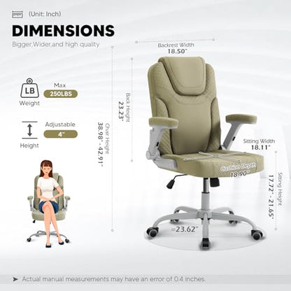 SEATZONE Green Office Chair Ergonomic Desk Chair with Lumbar Support, Flip-Up Arms, Adjustable Swivel Computer Chair with Wheels, PU Leather Executive Task Chair for Home Office Small Space - color: Green