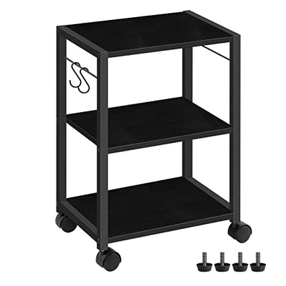MAHANCRIS Printer Stand, 3-Tier Under Desk Rolling Cart with Storage Shelf, Heavy Duty Printer Table with Wheels for Home Office, Printer Shelf with 2 Hooks, for Small Spaces, Black PTHB4001V - color: Black