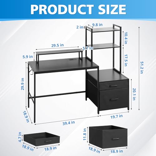KATHY&BOB 59.1" Computer Desk with Power Outlets and Storage Shelves, Reversible Home Office Desk with 2 Fabric Drawers, Sturdy Writing Table with Detachable Monitor Stand for Small Spaces - color: Black
