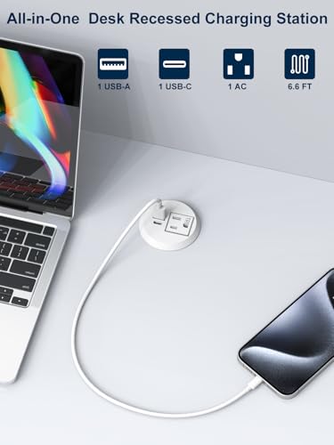 Recessed Desktop Power Grommet 2 inch with USB-C Ports,Tamper-Resistant Design AC Outlets,Round Desk Hole Outlets Conference Outlet for Home Office(White)