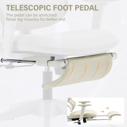 Ergonomic Office Chair with Retractable Footrest, Cream | High Back Design, Dynamic Lumbar Support, 2D Headrest & 2D Armrests, Breathable Mesh Back for Home Office - color: Cream