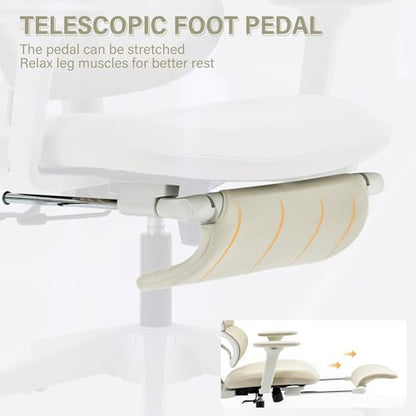 Ergonomic Office Chair with Retractable Footrest, Cream | High Back Design, Dynamic Lumbar Support, 2D Headrest & 2D Armrests, Breathable Mesh Back for Home Office - color: Cream