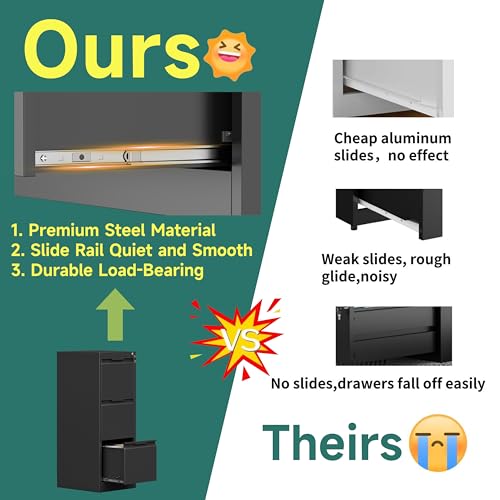 3 Drawer Metal Vertical File Cabinet with Lock for Home Office | 17.8"D x 15"W x 38.4"H,Small Under Desk Cabinet,Adjustable Hanging Bar,Fits 4A/Legal/Letter Size File,Easy Assembly,Black - color: Black, size: 17.8"D x 15"W x 38.4"H（3 Drawers）