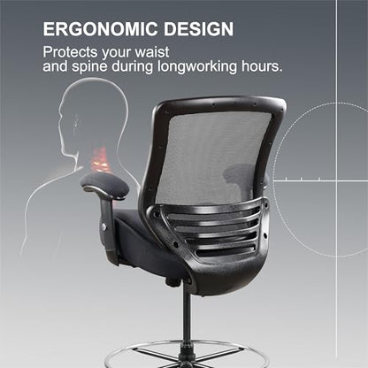 400lbs Office Drafting Chair Wide Dual Seat Cushion Height Adjustable Armrest for High Standing Desk with Lumbar Support and Enlarged Adjustable Footrest (Black Frame Gray Fabric) - color: Black Frame Gray Fabric