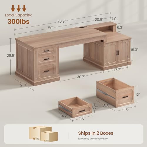 SEDETA Farmhouse 70.9" Executive Desk, Home Office Desk with File Drawers and Storage Cabinet, Computer Desk with Power Outlet for Home Office, Work Study Writing, Oak - color: Oak, size: 70.9" Executive Desk