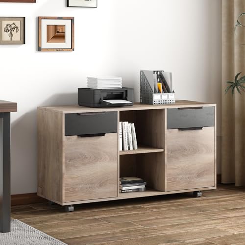 SAINTCY 2-Drawer File Cabinet with Wheels, Mobile Lateral Rolling Under Desk Filing Cabinet, Printer Stand with Open Storage Shelves for Home Office,Mahogany
