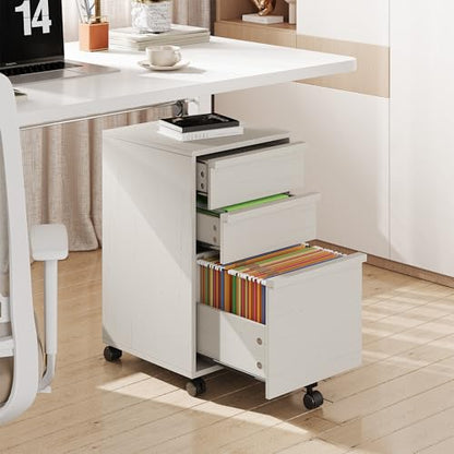 Garvee Rolling File Cabinet with 3 Drawers, Wood Mobile Filing Cabinet for Home Office, Under Desk Printer Stand with Wheels, Large File Drawer, 2 Locking Casters, White - color: White