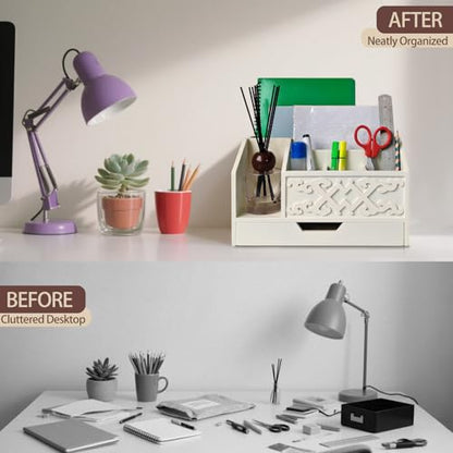 White Wooden Mail Organizer with Drawer, Three Tiered Desk Accessories for Office Organization and Storage, Stylish Countertop Document Storage, Home/Office/Classroom Supplies (White03) - style: White03