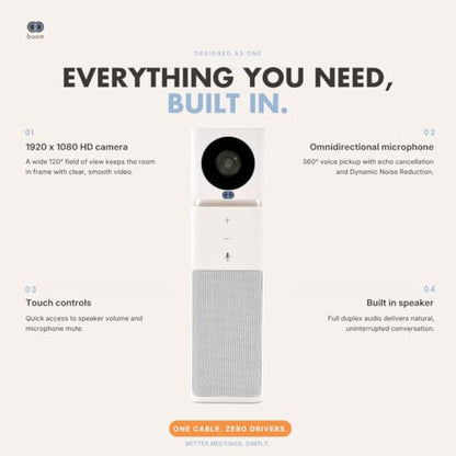 Boom UNO Full HD 1080p Conference Camera & Video Bar, 120° Wide Angle Lens, Full Duplex Speaker & Noise Reducing Mic, USB Plug & Play for Zoom, Teams & Google Meet (White) - color: White