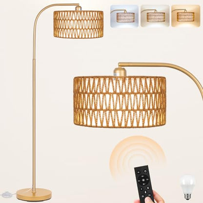 Gold Floor Lamps, Boho Floor Lamp for Room,Farmhouse Rattan Standing Lamps | Remote Control Rattan Standing Lamp with 9W Bulb, Adjustable 2-in-1 Lampshades, Arc Floor Lamp Over Couch - style: Cylinder-Gold