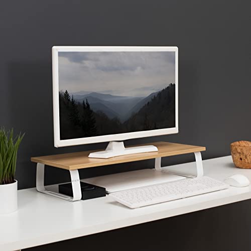 VIVO 24 inch Monitor Stand, Wood and Steel Desktop Riser, Screen, Keyboard, Laptop, Small TV, Ergonomic Desk and Tabletop Organizer, Light Wood, STAND-V000WM