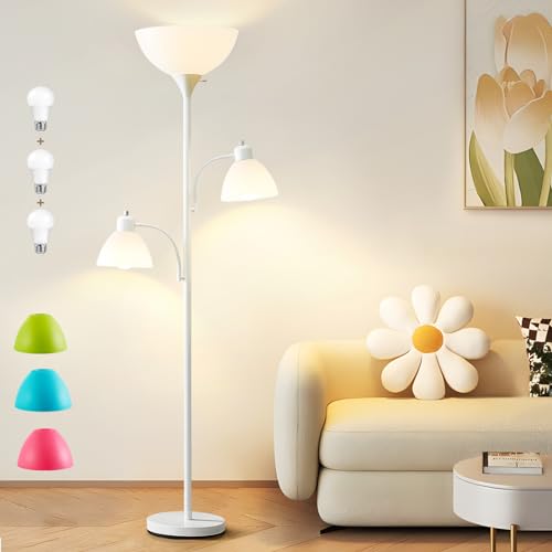 Luvkczc White Floor Lamp, 72" Tall Standing Floor Lamp with 5 Replace Lampshades, Torchiere Lamps with 8W Adjustable Reading Lights, Floor Lamps for Living Room, Bedroom, Office, Bulbs Included - color: White