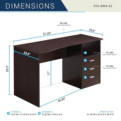 Techni Mobili 51 Inch Classic Computer Desk w/Drawers & Storage, Wenge - color: Brown
