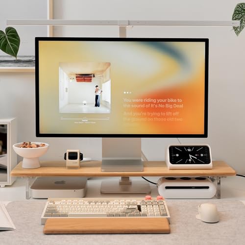 Bamboo Monitor Stand Riser, Natural Desk Shelf with Acrylic Legs | 31.5-Inch Wide, 3.3-Inch Clearance, Fits Monitor, Laptop, Printer and Speakers for Small Desks - color: Natural