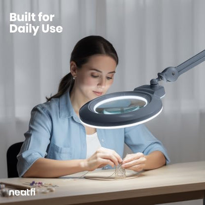 Neatfi XL Bifocal LED Magnifying Lamp, 7” Acrylic Lens, 2.25X/6X Magnification, 1,600 Lumens Dimmable | Hands-Free Close Work | Crafting, Jewelry & Reading (Gray, 7-inch Lens, Non-CCT with Clamp) - color: Gray, size: 7-inch Lens, Non-CCT with Clamp