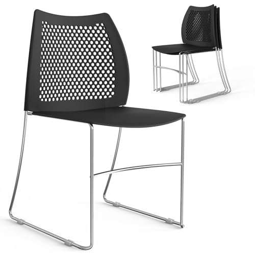 VINGLI 4 Pack Plastic Stacking Chairs, Stackable Office Chairs, Black | Stackable Office Chair with Metal Sled Base, Ergonomic Plastic Seat & Holes Back, Multiple Use for Waiting Break Room Banquet - color: Black, size: 4 Pack