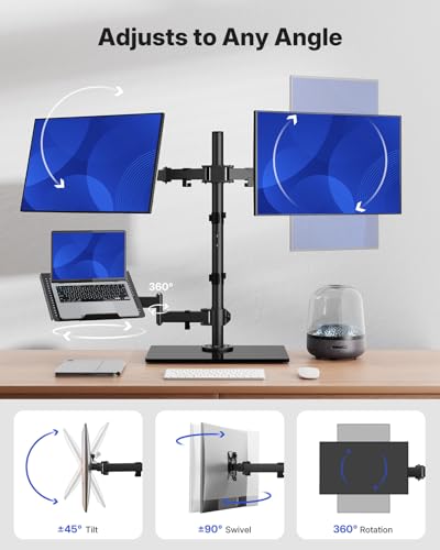 HUANUO Dual Monitor Stand with Laptop Desk Mount, Freestanding Glass Base | Fits 13-32 Inch Screens, Up to 17 Inch Laptop, 22 lbs/Monitor Arm, 19.8 lbs/Tray Arm, 2 Setup Options, VESA 75x75/100x100mm