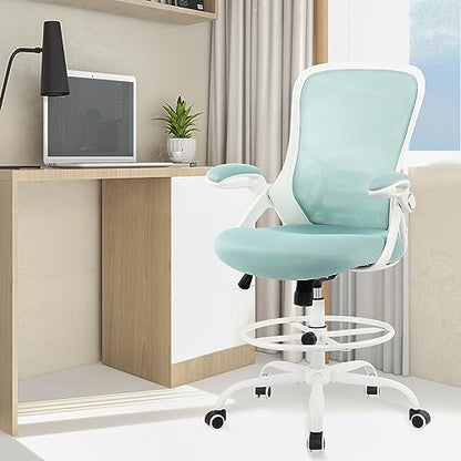 HYLONE Drafting Chair Tiffany Blue, Tall Office Chair Standing Desk Stool with Adjustable Height, Foot Ring, Flip-Up Arms, Mesh High-Back Office Chair, White - color: Blue