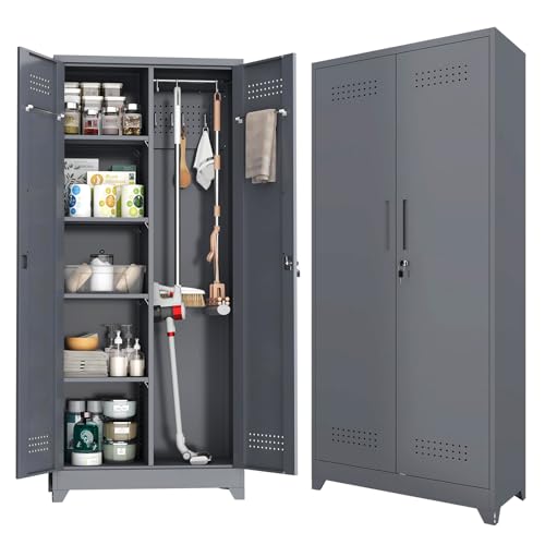 Metal Storage Cabinet with Lock,72" Garage Storage Cabinets with Hanging Rod & S-Hooks,Large Storage Cabinet with Shelves,Locking Tool Utility Closet for Home,Garage,Utility Room,Dark Grey - color: Dark Gray, size: 72.8"H-2door