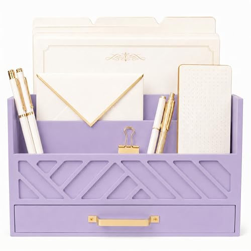 BLU MONACO | Wooden Mail Organizer Countertop with Drawer | Tabletop Organizer with Drawers for Desk | Mail Sorter Organizer Countertop Letter Paper Holder - color: Purple