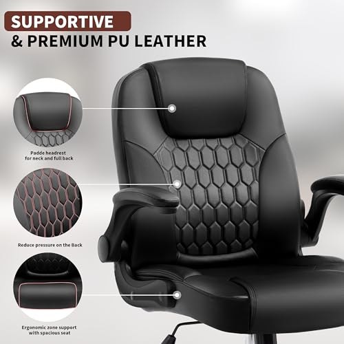 Leather Office Chair Swivel Lumbar Support for Short People Black - color: Black