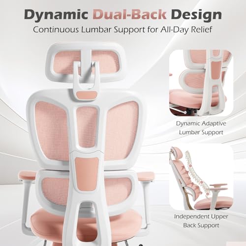 Ergonomic Office Chair with Footrest and Dynamic Lumbar Support, Pink | Reclining high-back computer chair, memory foam seat, 2D armrests, 2D headrest, mesh desk chair for home office, long hours - color: Pink