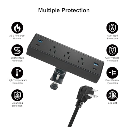 Fast Charge USB C Desk Clamp Power Strip 40W, Desktop Edge Mount 2 PD 20W USB-C Ports&2 QC 18W USB A Ports 3 Outlets Flat Plug for Home Office School Hotel ETL (Black) - color: Black