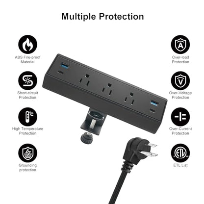 Fast Charge USB C Desk Clamp Power Strip 40W, Desktop Edge Mount 2 PD 20W USB-C Ports&2 QC 18W USB A Ports 3 Outlets Flat Plug for Home Office School Hotel ETL (Black) - color: Black