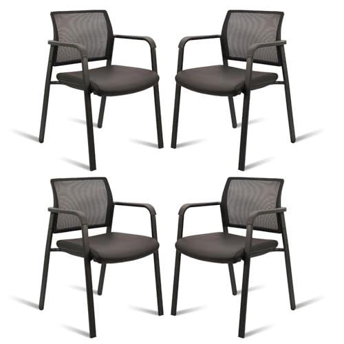 CLATINA Mesh Back Stacking Arm Chairs for Waiting Area, Side Desk Chair with Leather Seat and Ergonomic Lumbar Support for Office School Church Classroom Guest Customer Reception Black 4PK - size: 4 Pack