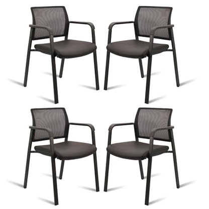 CLATINA Mesh Back Stacking Arm Chairs for Waiting Area, Side Desk Chair with Leather Seat and Ergonomic Lumbar Support for Office School Church Classroom Guest Customer Reception Black 4PK - size: 4 Pack