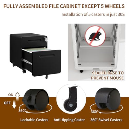 2 Drawer Mobile Low Profile File Cabinet with Lock and 4 Keys | Metal Filing Cabinet for Home Office, Under Desk, Pre-Assembly, File Drawer, Letter/Legal/A4 Hanging File Folders - color: Black, size: 19.1"H*15.7"W-2 Drawers
