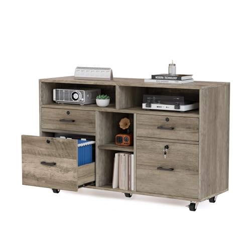VINGLI Wide 4 Drawer File Cabinet with Lock, Rustic Grey Rolling File Cabinet with Open Shelves, Lockable Printer Stand, Letter Sized - color: Rustic Grey