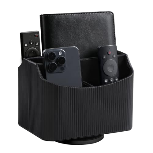 360° Rotating TV Remote Control Holder Desk Remote Organizer Black | PU Leather 5 Compartments Remote Caddy, Spinnig Remote Organizer, Swivel Remote Holder for Nightstand Office Coffee Table - color: Black