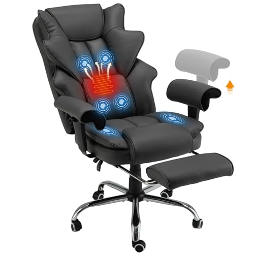 Ergonomic Executive Chair with 6-Point Vibration & Heat, Reclining PU Leather Big & Tall Desk Chair, Retractable Footrest & Adjustable Armrest for Home Office Gaming Study, Black - color: Black