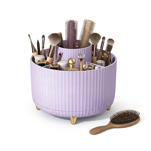 ROOM127 Makeup Brush Holder Organizer, 360° Rotating 5-Slot Storage Cup | Taro Purple Spinning Cosmetic Organizer for Brushes Lipsticks Eyeliners Pens and Beauty Tools for Vanity Bathroom and Desk