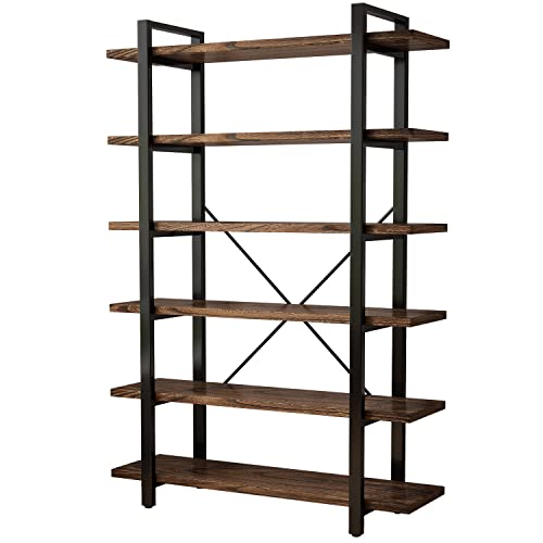 AY-AOYUAN Solid Wood Bookcase and Book Shelves Wood and Metal Shelving Unit 6 Tier Bookshelf Modern Rustic Open Bookshelf Office,Distressed Brown (AY-02-6Tier) - size: 6Tier