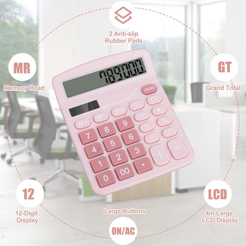 Desktop Calculator, Pink Calculator Big Buttons, 12-Digits Large LCD Display, Solar and AA Battery Dual Power, Desk Calculators for Office Home School Business Class (Pink) | Large LCD Display, Solar and AA Battery Dual Power, Desk Calculators for Office