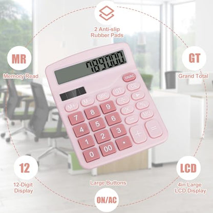 Desktop Calculator, Pink Calculator Big Buttons, 12-Digits Large LCD Display, Solar and AA Battery Dual Power, Desk Calculators for Office Home School Business Class (Pink) | Large LCD Display, Solar and AA Battery Dual Power, Desk Calculators for Office