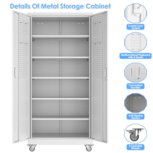 Aobabo Steel Garage Cabinet with Wheels, 71" H x 32" W x 16" D, White | 5 adjustable shelves, lockable doors, pegboard panel and 4 casters with 2 locking brakes; assembly required. - color: White, size: 16"D x 32"W x 71"H-0 Drawers