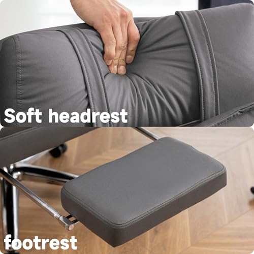 Swivel Ergonomic Office Chair with Footrest, High Back Executive Chair with Lumbar Support and Headrest, 155° Reclining Leather Desk Chair with Thick Cushion for Manager Office (Dark Grey)