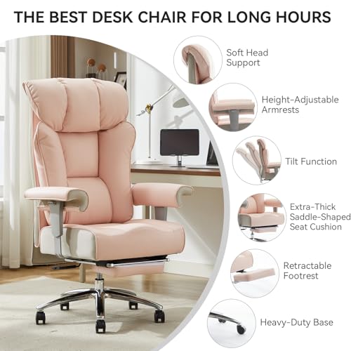 Efomao Big & Tall Pink Executive Office Chair 400lbs, Extra Wide 23.2" PU Leather Desk Chair for Women with Footrest, Pocket Spring & Adjustable Arms for Home Office - color: 3060-pink
