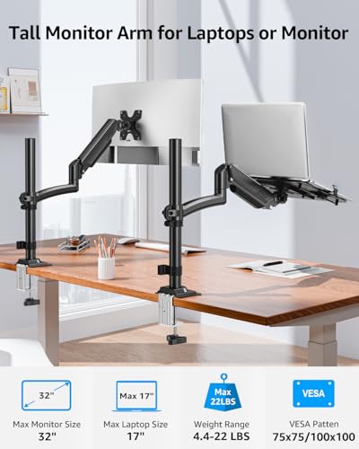 MOUNTUP Laptop Desk Mount, Adjustable Laptop Stand for max 17" Notebook or 32" Monitor, Laptops Arm Mount for Desk Holds 4.4-22lbs, Tall Laptops Stand with Clamp/Grommet - size: Single-With Pole