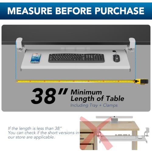 Keyboard Tray Under Desk Pull Out with Extra Sturdy C Clamp Mount System - color: White, size: 38"x 12”Keyboard Tray
