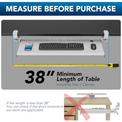 Keyboard Tray Under Desk Pull Out with Extra Sturdy C Clamp Mount System - color: White, size: 38"x 12”Keyboard Tray