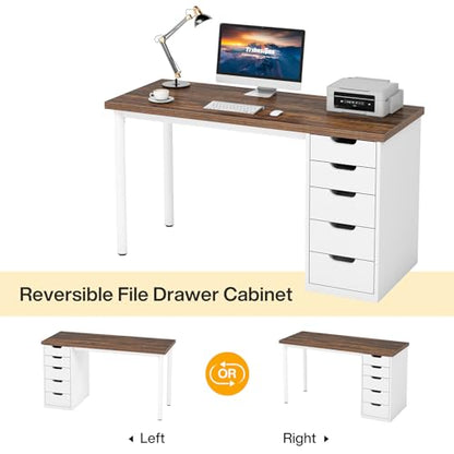 Tribesigns Computer Desk with 5 Drawers, 47 inches Rustic Brown Home Office Desk with Storage, Modern Simple Laptop Desk Study Writing Table for Small Spaces (Brown+White) - color: Brown+white