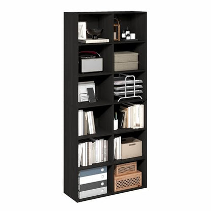 Furinno Basic Book Shelf, 12-Cube Bookshelf, Bookcase with Open Shelf, Cube Storage Organizer, 12 x 32 x 71, for Living Room, Home Office, Espresso