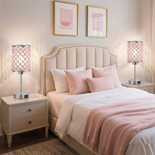 GyroVu Pink Crystal Bedside Table Lamps Set of 2 with USB C+A Ports - color: Pink-2, size: 14.75"