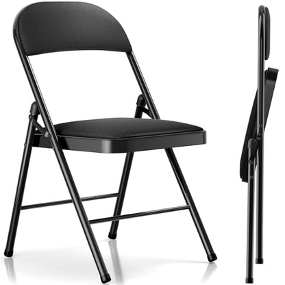 Fenbeli 2 Pack Padded Folding Chairs with Cushion, Black Fabric Foldable Chairs for Dining, Balcony & Spare Guest Pair, 330-Pound Heavy-Duty Steel Frame, Auto-Lock Hinge, Breathable Cushion - color: Black, Fabric, size: Set of 2